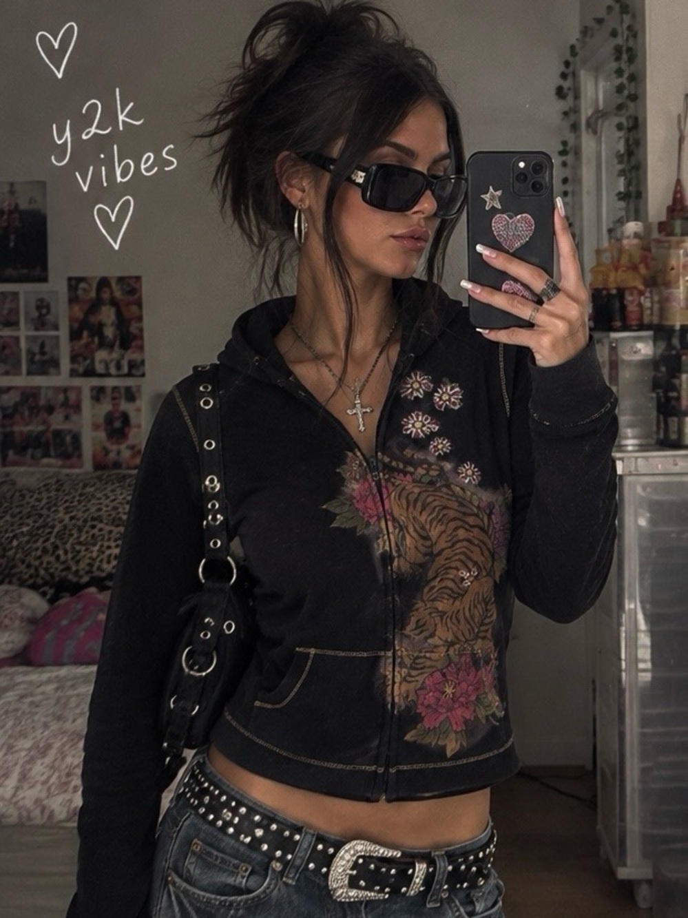 VINTAGE Y2K Lucky Brand Tattoo Tiger Peony Full Zip Hoodie Rare Streetwear